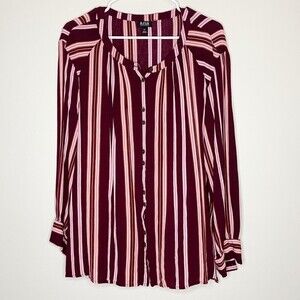 a.n.a Maroon & White Striped Button-up Long Sleeve Blouse Size Large Tall